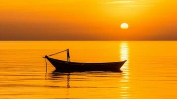 AI generated The silhouette of a boat on a golden sea. Generative AI photo