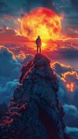 AI generated Man Standing on Mountain, Watching Sunset photo