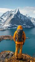 ai generado persona en pie en montaña con vista a agua foto