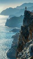 AI generated Person Standing on Mountain Overlooking Water photo