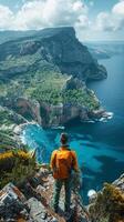 AI generated Person Standing on Mountain Overlooking Water photo