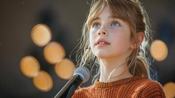 AI generated Young Girl Standing in Front of Microphone photo