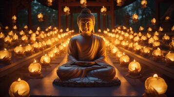 AI generated A buddha sculpture surrounded by glowing lanterns. Generative AI photo
