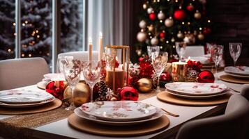 ai generado un Navidad cena mesa con fiesta temática decoraciones generativo ai foto