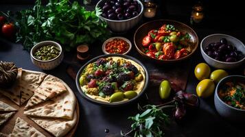 AI generated A mediterranean meze table with olives and hummus. Generative AI photo