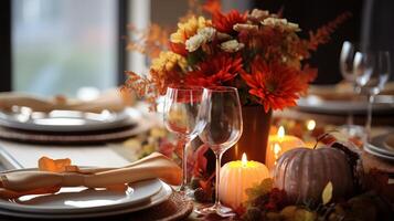 AI generated A thanksgiving table adorned with autumnal decor. Generative AI photo