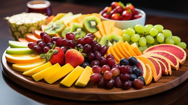 ai generado un hermosamente arreglado Fruta plato con un variedad de texturas y colores. generativo ai foto