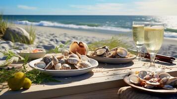 AI generated A beachside picnic table with seafood and seashells. Generative AI photo