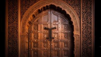 AI generated A beautifully crafted islamic wooden door. Generative AI photo
