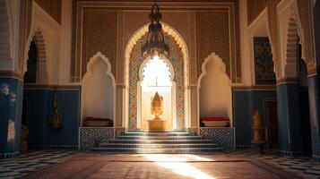 AI generated A beautifully decorated mihrab prayer niche in a mosque. Generative AI photo