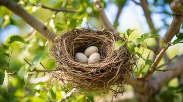 AI generated A bird's nest nestled among branches in a garden tree. Generative AI photo