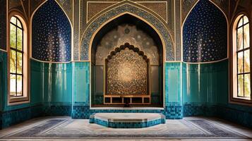 AI generated A beautifully decorated mihrab prayer niche in a mosque. Generative AI photo