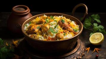 AI generated A biryani pot with marinating chicken and rice. Generative AI photo