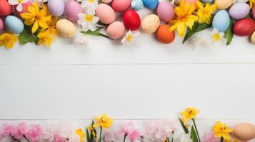 AI generated A border of colorful easter eggs and spring flowers. Generative AI photo