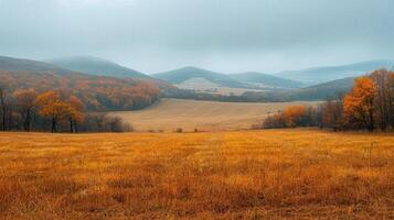 AI generated Grassy Field With Trees and Mountains photo