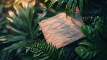 ai generado papel descansando en lozano verde planta foto