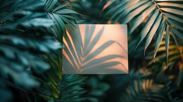 AI generated Sheet of Paper Surrounded by Palm Leaves photo