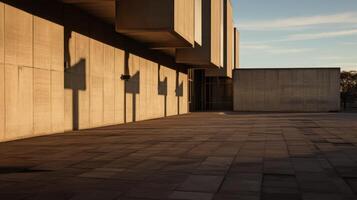 AI generated A brutalist building casting long shadows in the evening. Generative AI photo