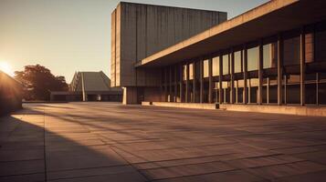 AI generated A brutalist building casting long shadows in the evening. Generative AI photo