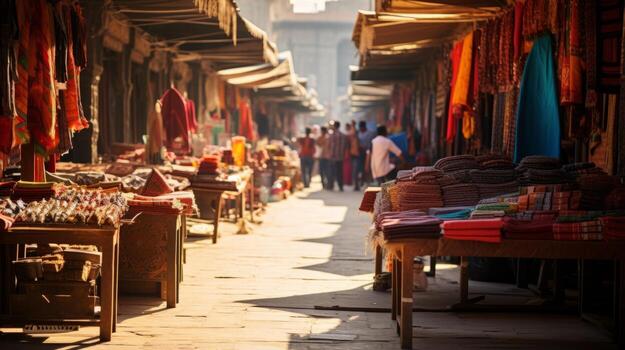 AI generated A bustling bazaar with colorful textiles. Generative AI photo