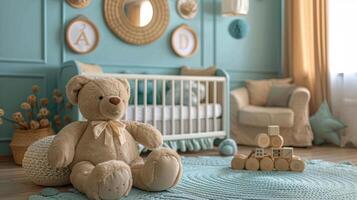 AI generated Teddy Bear Sitting on Rug in Babys Room photo