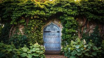 AI generated Garden gate covered in vines. Generative AI photo