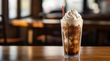 AI generated A classic root beer float with a striped straw. Generative AI photo