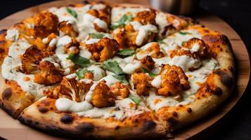 AI generated A closeup of a buffalo cauliflower pizza with ranch dressing. Generative AI photo