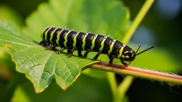 AI generated A closeup of a caterpillar munching on a leaf. Generative AI photo