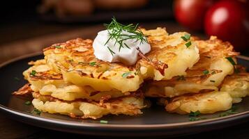 AI generated Closeup of hearty potato pancakes. Generative AI photo