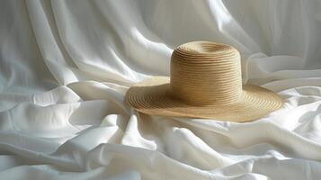 ai generado Paja sombrero descansando en blanco sábana foto