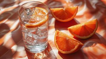 ai generado refrescante vaso de agua con hielo y naranja rebanadas foto