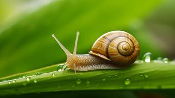 AI generated A closeup of a snail gliding across a leaf. Generative AI photo