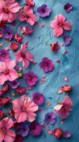 ai generado rosado y púrpura flores en azul antecedentes foto