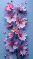 AI generated Purple Flowers Close Up on Blue Surface photo