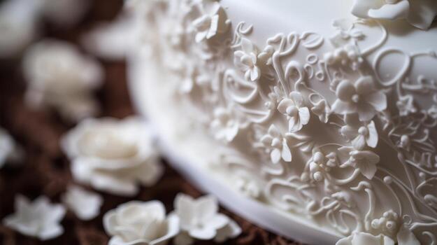 AI generated A closeup of intricate wedding cake frosting details. Generative AI photo