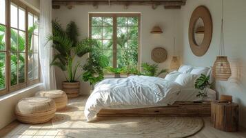 AI generated Modern Bedroom With Bed, Mirror, and Potted Plants photo