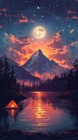 AI generated Mountain and Lake Night Painting photo