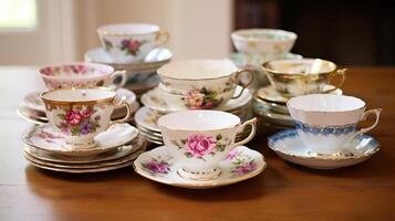 AI generated A collection of vintage porcelain teacups and saucers. Generative AI photo