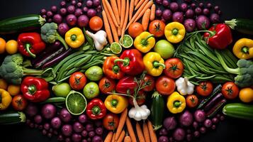 AI generated A colorful array of vegetables arranged in an appetizing pattern. Generative AI photo