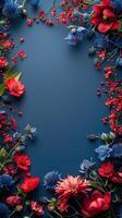 AI generated Blue Background With Red and Blue Flowers photo