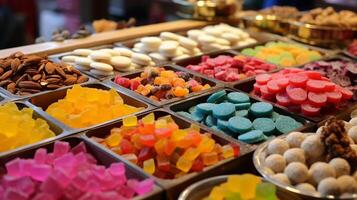 AI generated A colorful assortment of indian sweets on display at a dessert shop. Generative AI photo