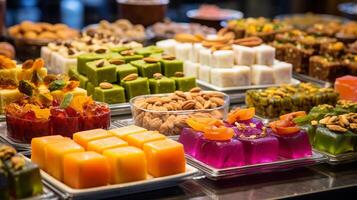 ai generado un vistoso surtido de medio oriental dulces desplegado en un postre tienda. generativo ai foto