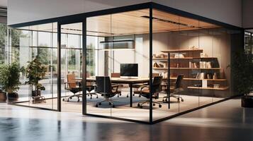 AI generated A contemporary office environment with glass partitions. Generative AI photo