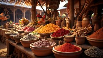 AI generated A colorful market scene showcasing spices, herbs, and exotic ingredients. Generative AI photo
