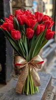 AI generated Red Tulip Bouquet Tied With Bow photo