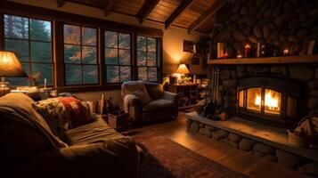 AI generated A cozy, rustic cabin with a crackling fireplace for warmth. Generative AI photo