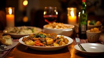 AI generated A cozy winter dinner table with comfort food. Generative AI photo