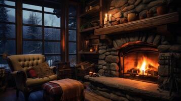 AI generated Cozy log cabin with roaring fireplace. Generative AI photo