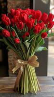 AI generated Red Tulip Bouquet Tied With Bow photo